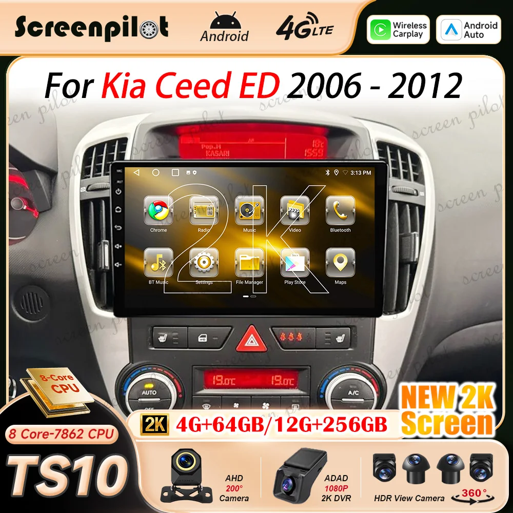 Android 16 Car Radio Stereo For Kia Ceed ED 2006 2007 2008 2009 2010 2011 2012  Multimidia Player GPS Carplay Android Auto 8Core