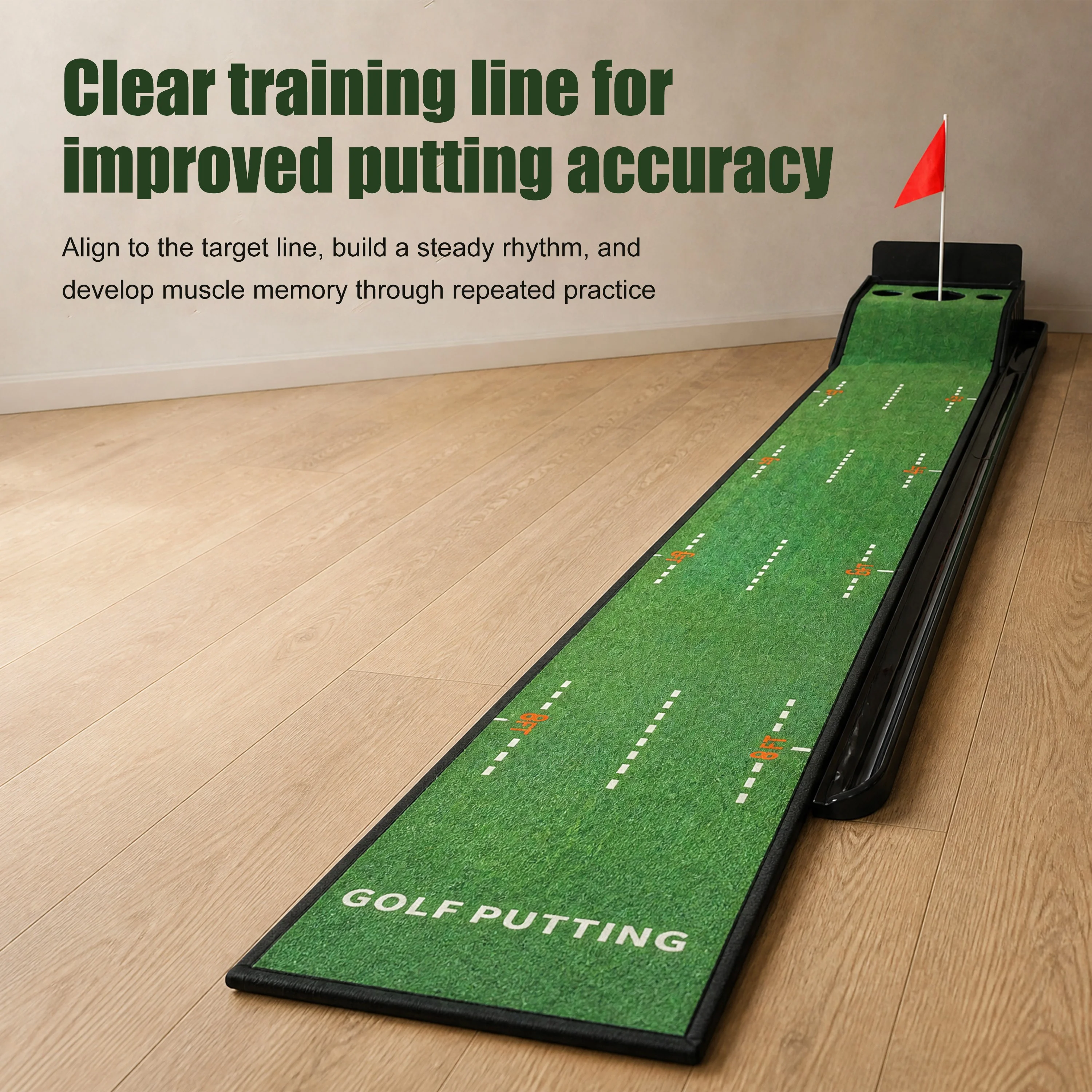 New Upgraded 10FT Golf Putting Mat with Center Flag and Auto Ball Return, 3-Hole Alignment Trainer for Indoor Outdoor Practice
