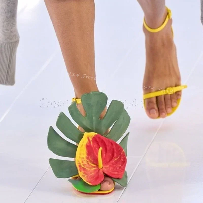 

Yellow Foliage Design Strange Style Heels Sandals Ankle Buckle Strap Women Shoes Open Toe Party Runway 2024 Zapatos Para Mujere