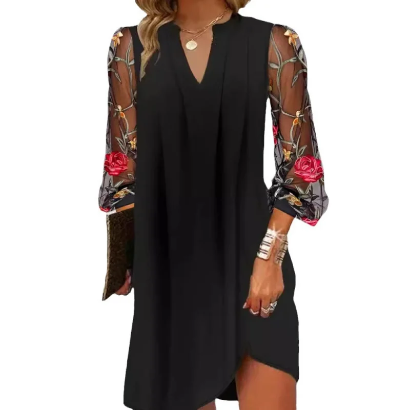صيف جديد الأوروبية والأمريكية طويلة الأكمام شير الأزهار مطوي اللباس أزياء المرأة