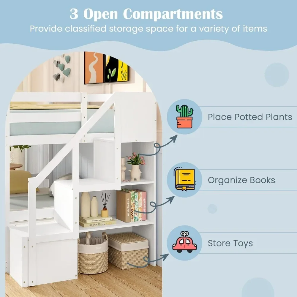 Twin Over Full Bunk Bed with Stairs, Bunk Bed with Storage Staircase & Full-Length Guardrails, Low Bunk Bed with for Kids