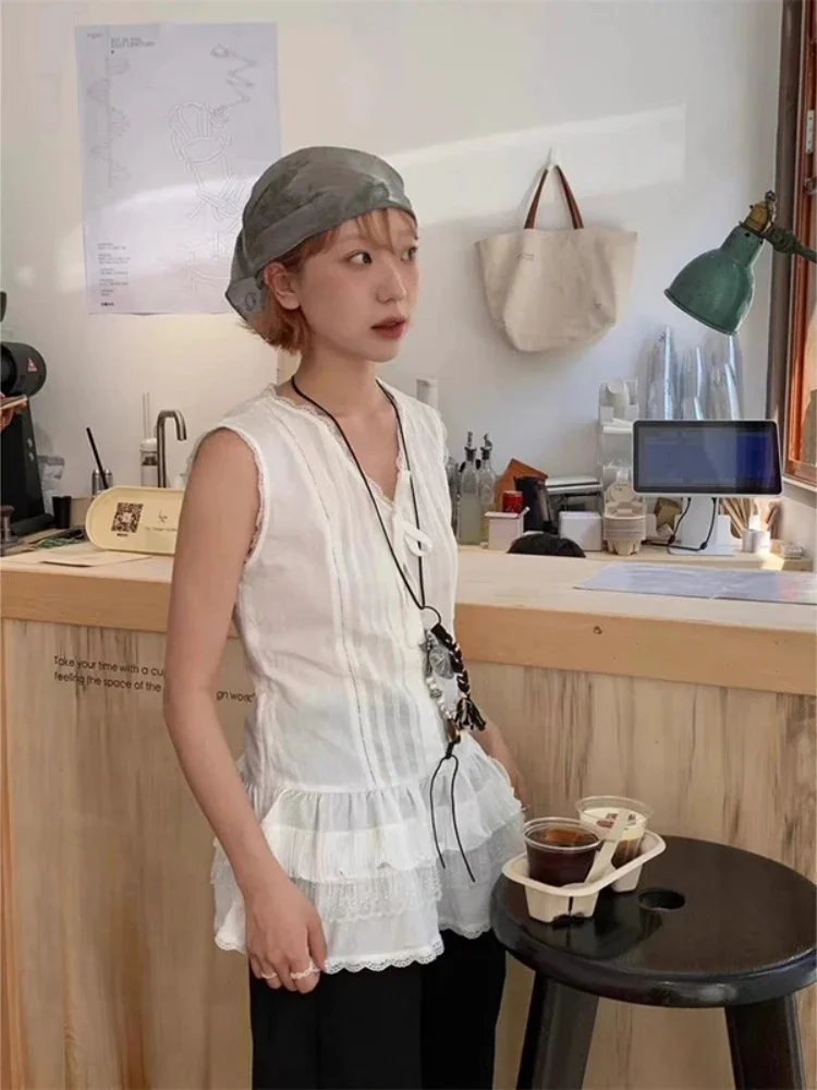 Verão doce rendas retalhos solto colete feminino grunge bonito sem mangas y2k estética topos harajuku bandagem arco tanque topo vintage