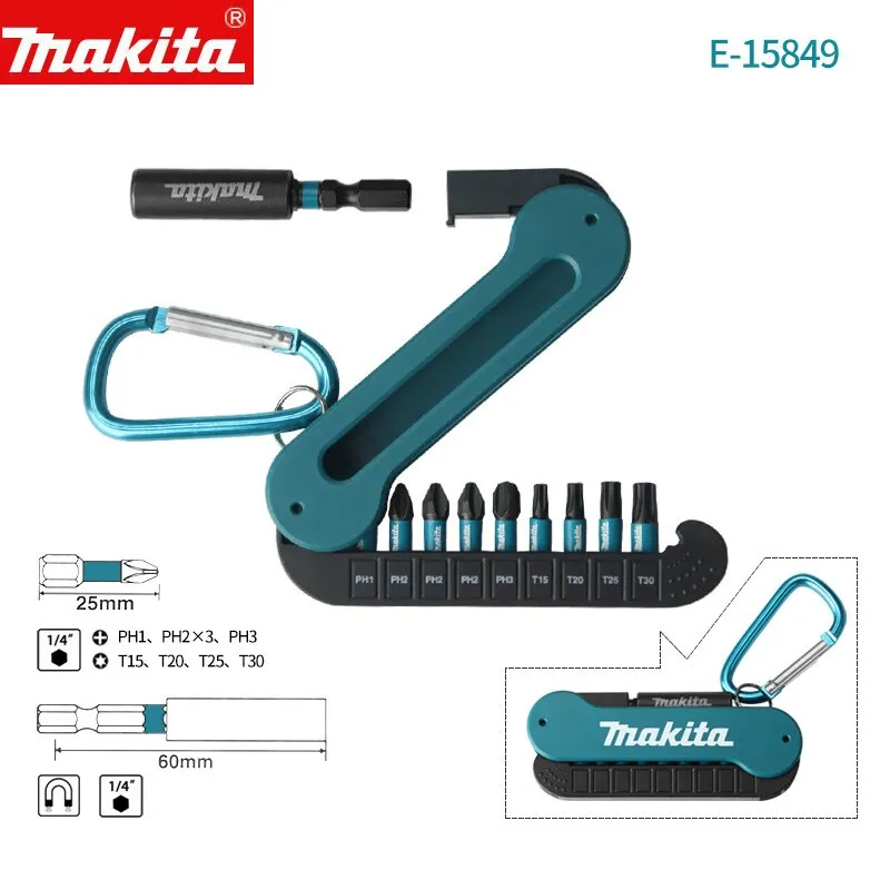 Makita E-15849 Screwdriver Bit Set 10Pcs Hexagonal Cross Electric Screwdriver Bits Magnetic Sleeve PH1 PH2 PH3 T15 T20 T25 T30
