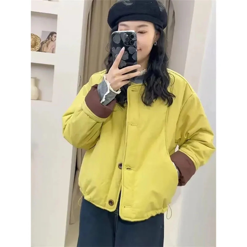 New 2025 Women's Cotton Coats Parka Korean Fashion Cuff Contrasting Splicing Cotton Jacket Winter Thicken Jacket Top Female