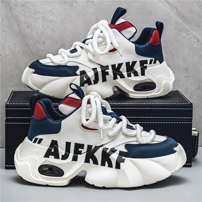 Men's thick-soled trendy letter-print color-block air-cushioned sneakers, mesh breathable height-increasing casual men's shoes, versatile street style trendy shoes