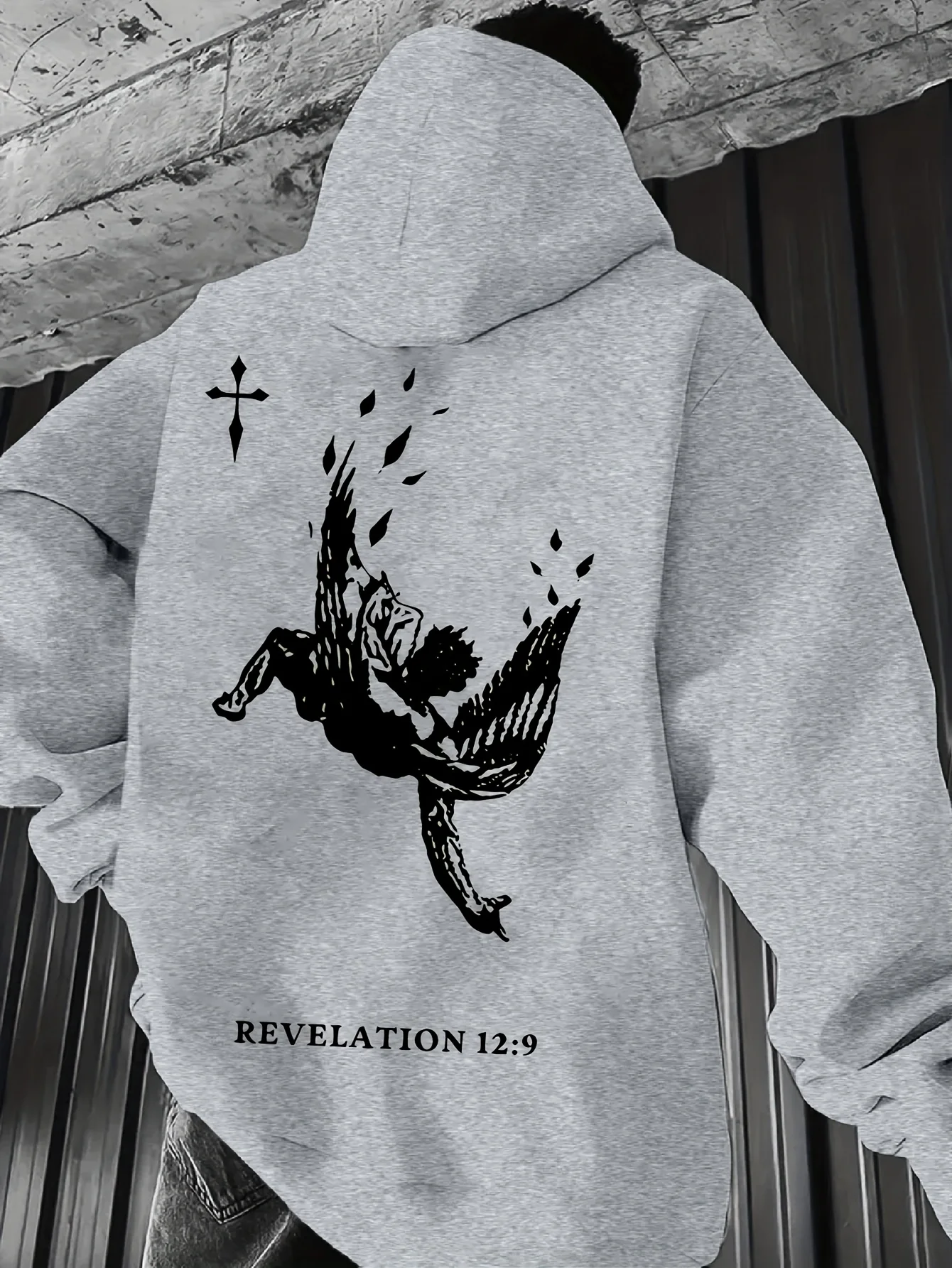 Comfortable and thick men's hooded sweatshirt with angelic verse patterned print for autumn/winter casual and relaxed style.