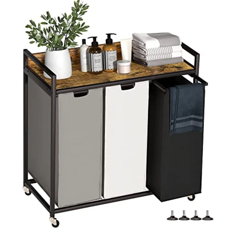 

Laundry Hampers with Shelf Laundry Basket 3 Section Laundry Sorter with Pull-Out Removable Large 3 Color Bags and Movable Wheel