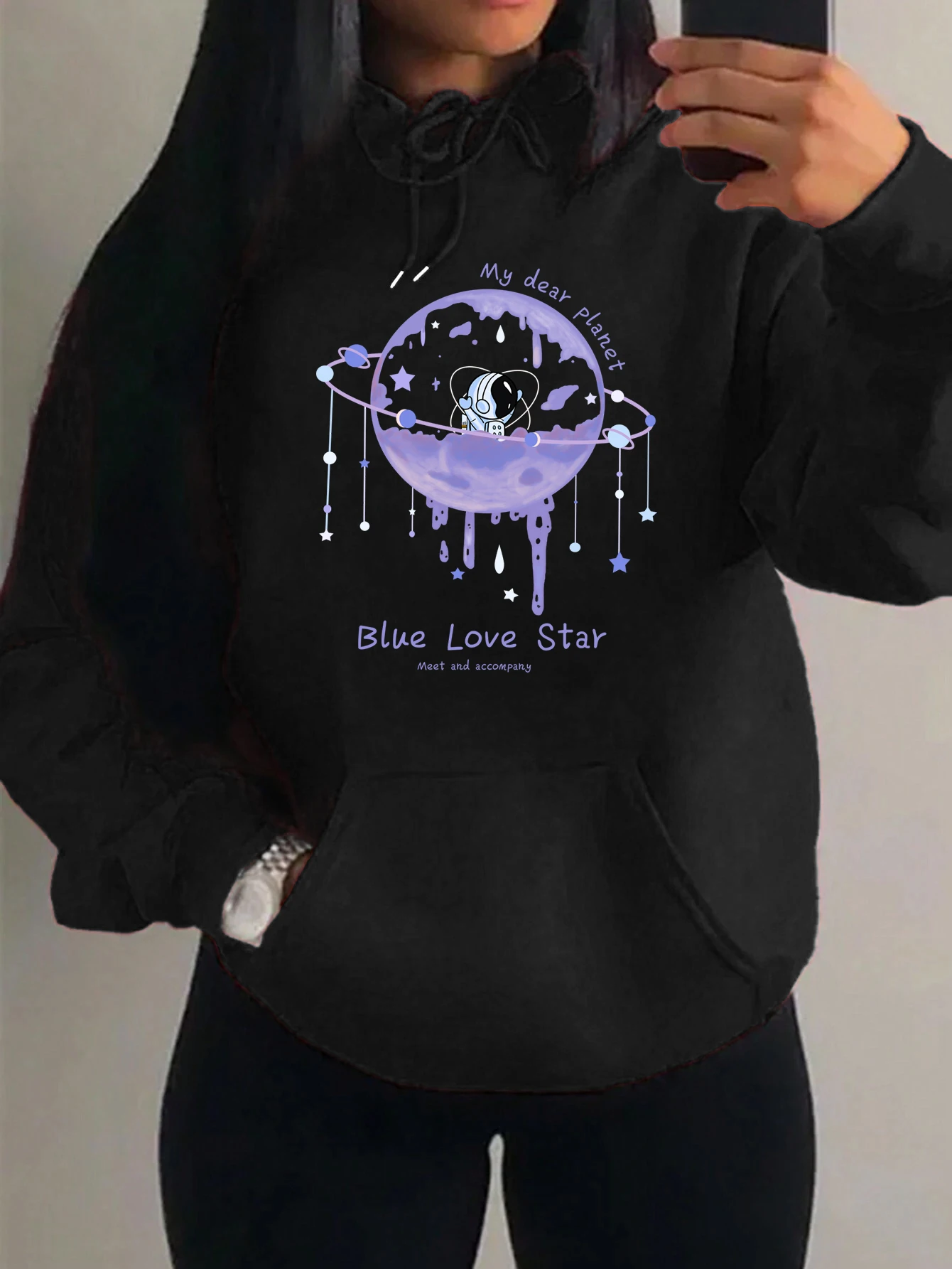 

Blue Love Star Planet Pattern Women Streetwear Harajuku Multicolor Pullovers Fleece Sportswears Casual Pocket Hoody Unisex