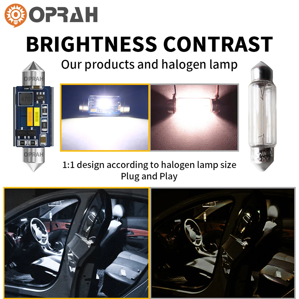 Oprah 2pcs Car LED Light C5W C10W Festoon 31mm 36mm 39mm 41mm Bulb Interior Dome Read Lamp Canbus CSP 1860 Dual Color Warm White