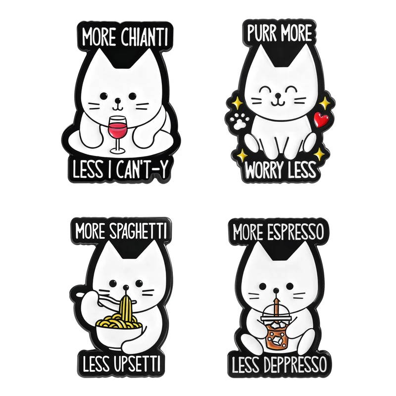 

Cartoon Cute Cat More Espresso Less Deppresso Enamel Pins Purr More Worry Less Brooches Lapel Badge Fashion Jewelry Gift Friends