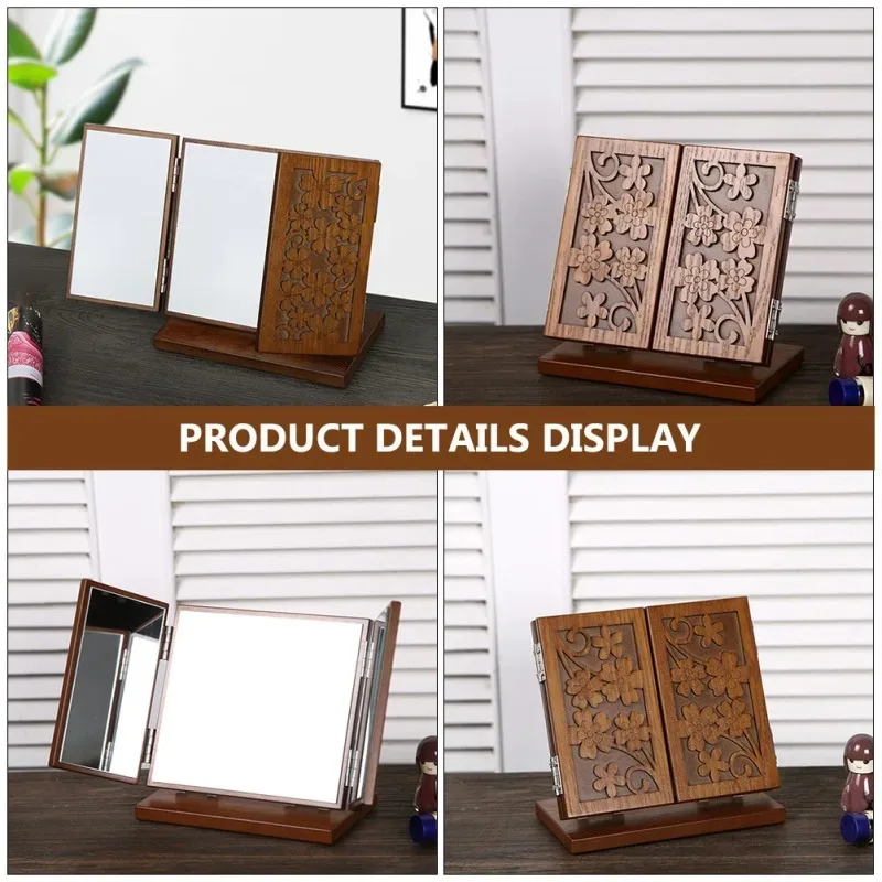 Makeup Mirror, Foldable Three Sided Wooden Carving Pattern Desktop Cosmetics, Dressing, Beauty and Skincare Tools