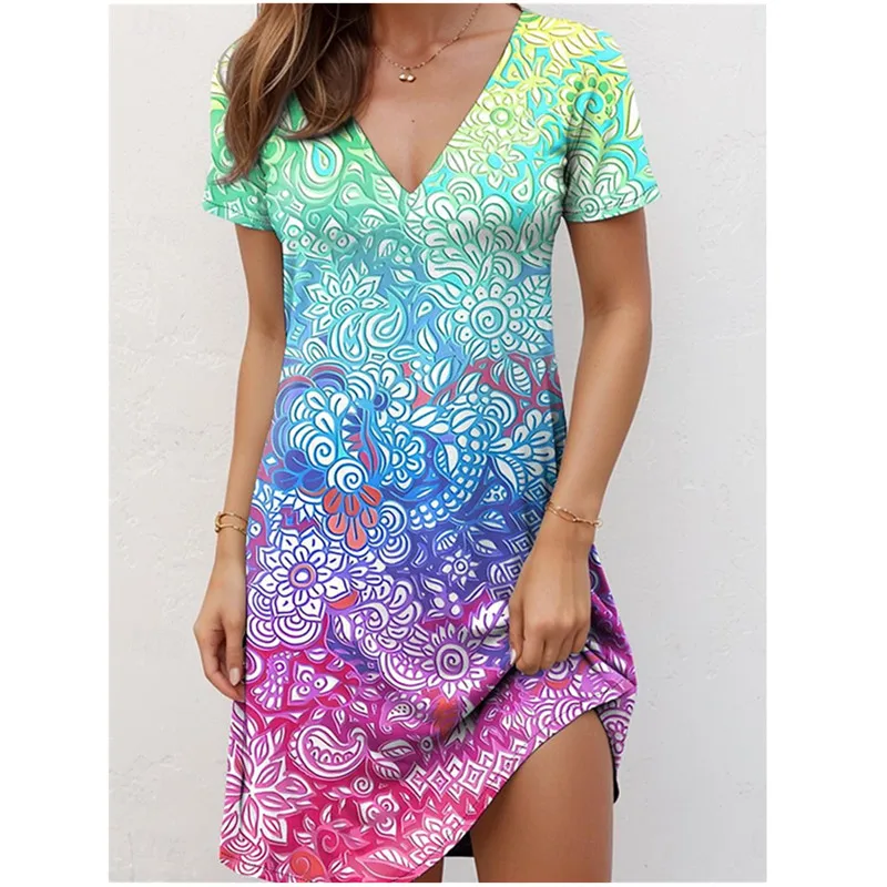 Retro Women Dress Fashion Personality Ethnic Style Floral Print Dress Big Size 3XL Women Summer Casual Short Sleeve V-Neck Dress