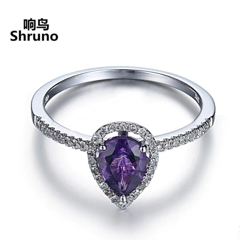 Shruno Solid 14k White Gold Pear Cut 7x5mm Genuine Amethyst Gemstone Ring For Women Diamonds Wedding Exquisite Fine Jewelry