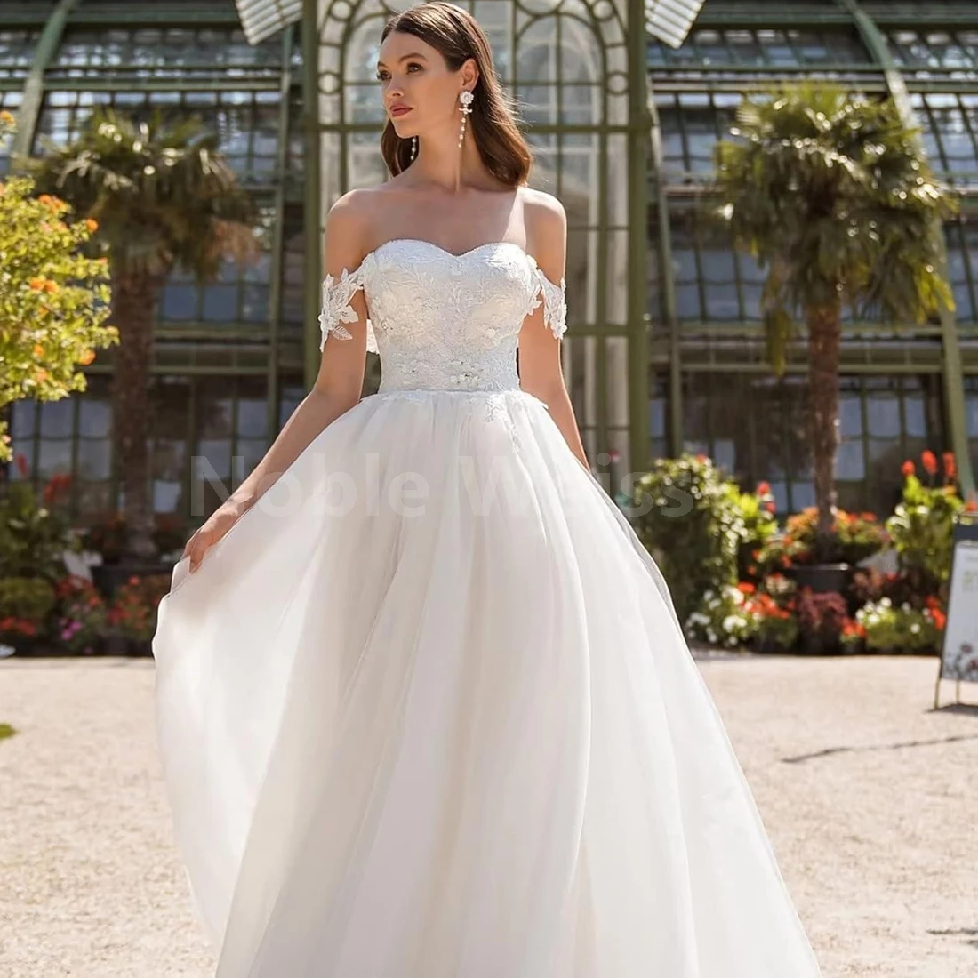 

A-Line V-Neck Lace Tulle Wedding Dress with Brush Train for Bride Customized