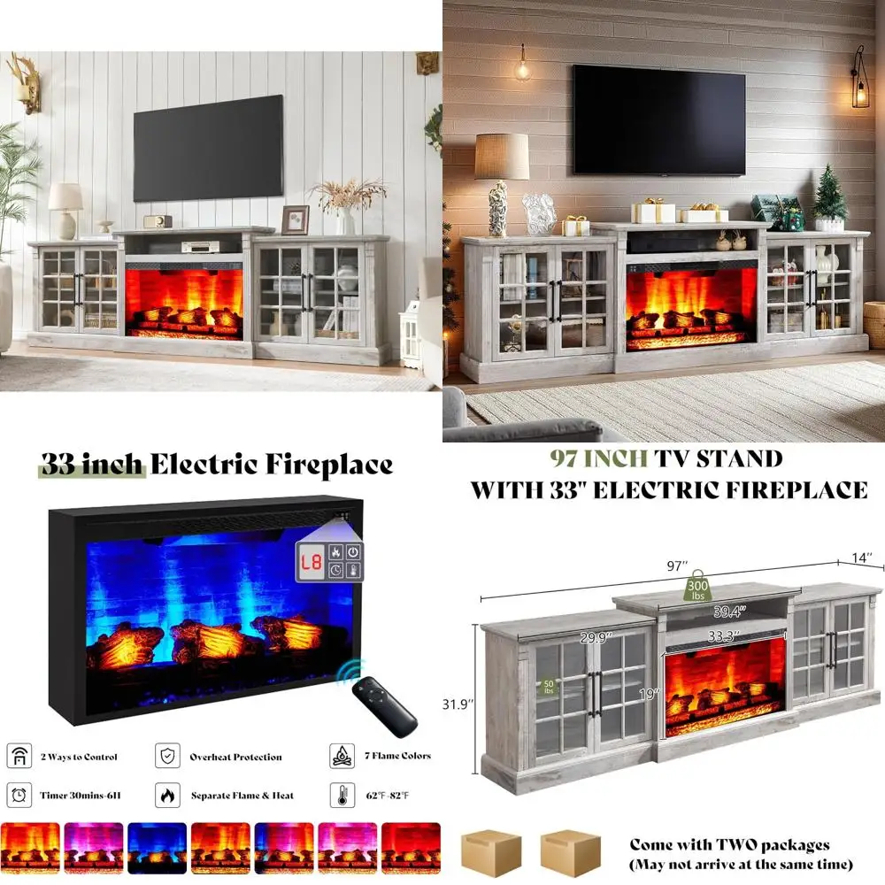 

Farmhouse Style 97-Inch Fireplace TV Stand with Ample Storage and Adjustable Shelves for Entertainment Centers