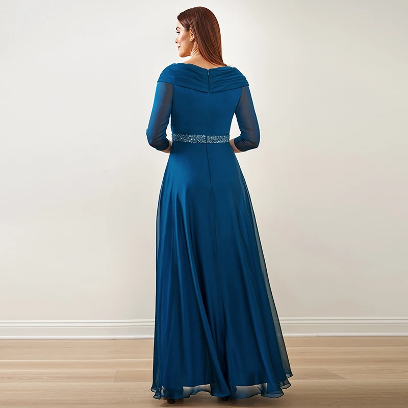 Teal Blue Mother of the Bride Dresses A-Line 3/4 Long Sleeves V-Neck Beaded Chiffon Full-Length Chiffon Formal Evening Prom Gown