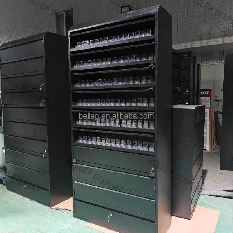 مخصص. حالات عرض متجر الدخان الحديثة قابل للقفل خزانة معدنية عرض الرف مع قفل