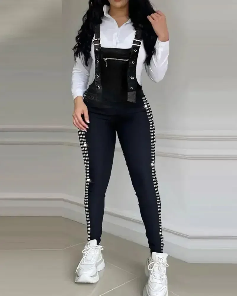 Summer Rhinestone Decor Buckled Suspender Jumpsuit 2024 Women Long Jumpsuits Elegant New Fashion Woman Casual Daily Clothing