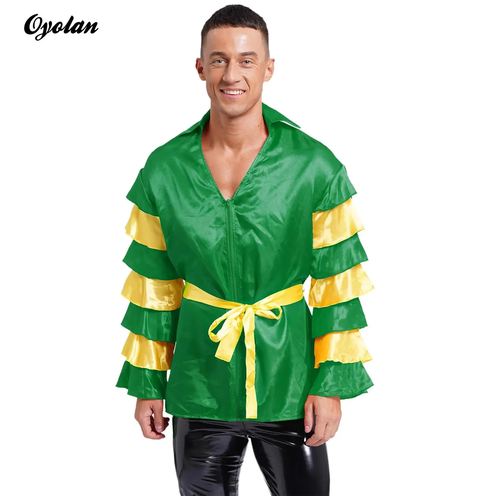 Mens Rumba Satiny Shirt with Belt Lapel V Neck Front Zip Contrast Tiered Flare Sleeve Shirt Top Carnivals Halloween Costume