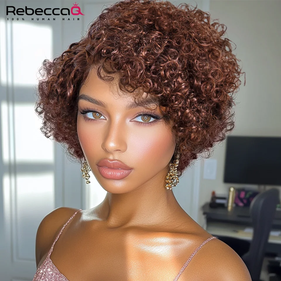 

180D Curly Human Hair Wigs For Women Brown Color Short Curly Wig Pixie Cut Wig 13x6x2 Lace Front Transparent Lace Deep Wave Wig