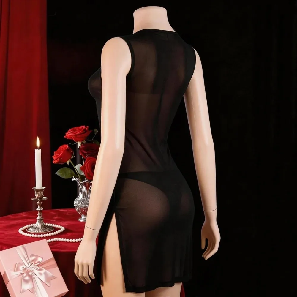 Mesh Sexy Lingerie See-through Cheongsam Style Split Dress Female Exotic Dresses Appearing More Mature And Beautiful Charm image 3