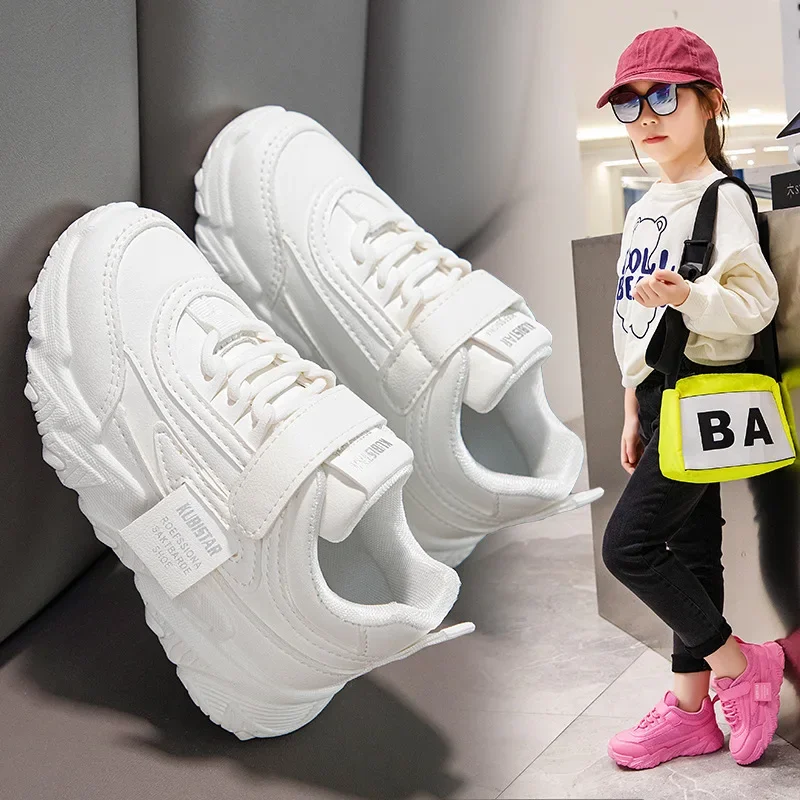 Spring New Kids Sneakers 2023 PU Girls Casual Mesh Solid Pink Light Boys White Hook & Loop Children Non-slip Sports Shoe Fashion