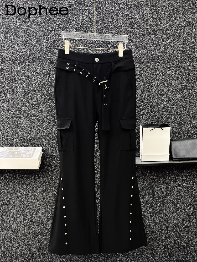 

Men's 2025 Autumn New High-End Rivet Trousers Chic Long Pants Men's Fashion Trendy Handsome Youth Belt Design Flared Long Pants