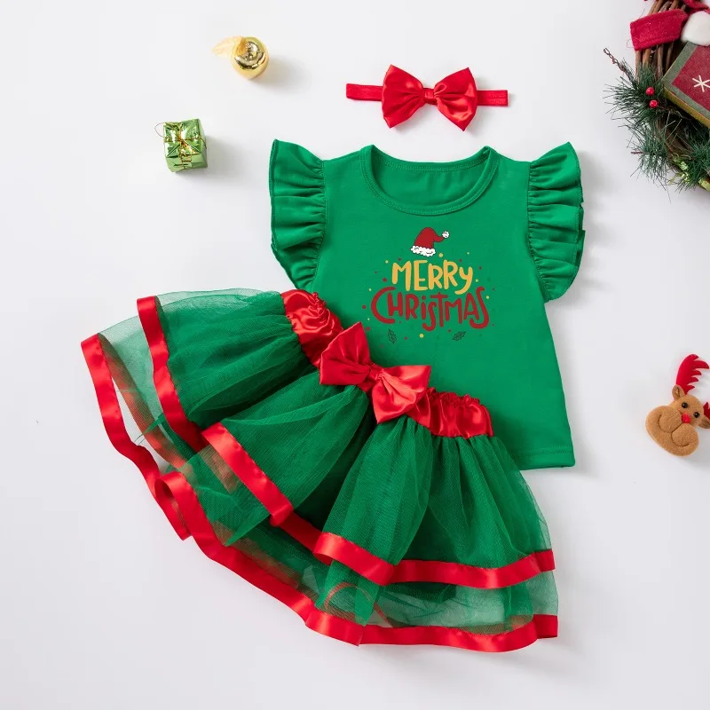 2026 New Baby Girls Princess Bow Christmas Tutu Outfit, Holiday Party Costume Set, 3Pcs Includes Top + Skirt + Headband 1-5y
