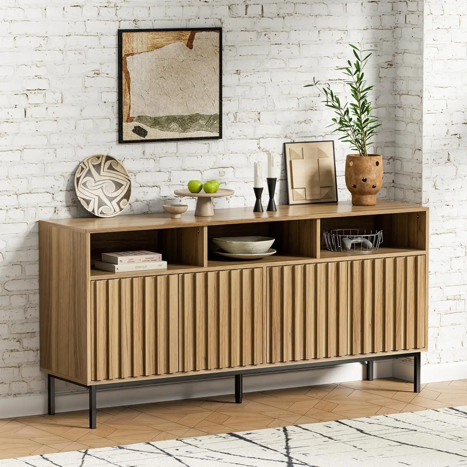 Mid Century Modern Sideboard Buffet Cabinet with Storage, 61.4'' Fluted Sideboard Cabinet,Wood Buffet Cabinet with Metal Legs,Ac