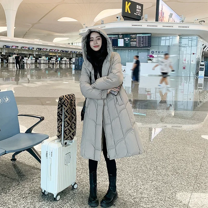 Autumn Winter Long Coats Maxi Parkas Women A Line Coat Thick Warm Loose Casual Hooded Elegant Splice Jackets Tight Waist 2024