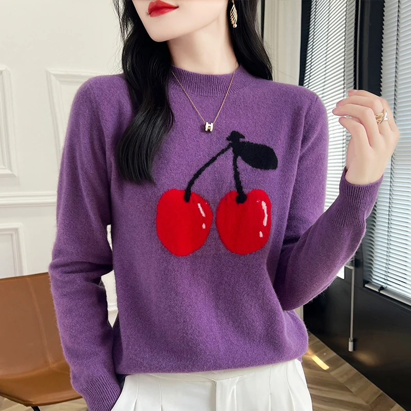 

Autumn and Winter Women's Pullover Embroidered Pure Wool Knit Sweater Keep Warm Fashion Loose Half High Ccollar Base Top MT8222