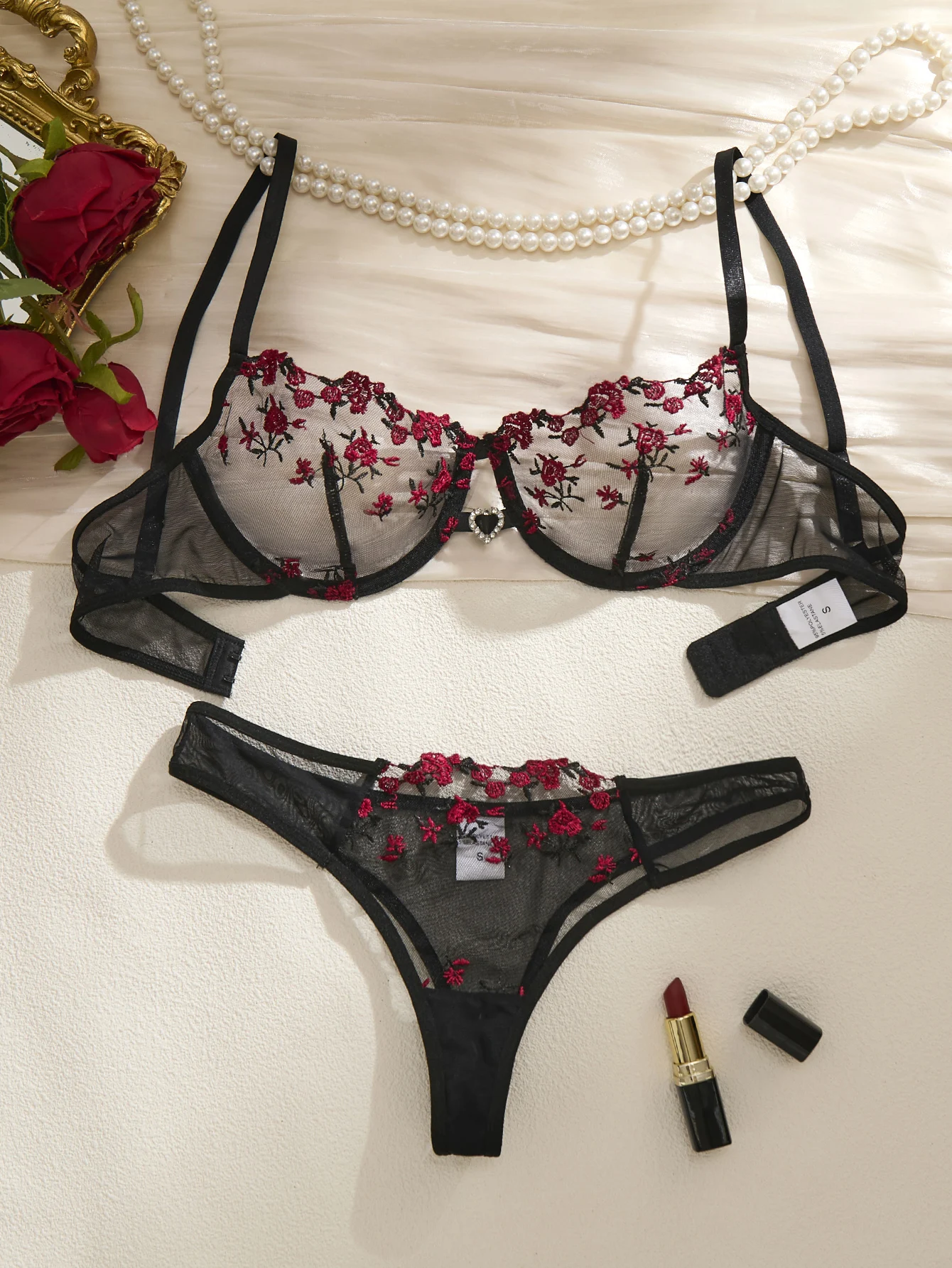 Black Red Floral Embroidery Lingerie Set 2PCS Sheer Mesh Bra & Panty Women Sexy Underwear Gift ZA824026