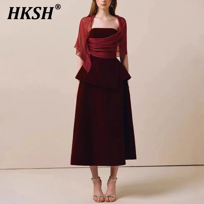HKSH Spring New Women Tide Y2K Elegant Fashion Style Shawl Dress Ins Chic Stylish Niche Design Waist Strapless Long Skirt HK4718