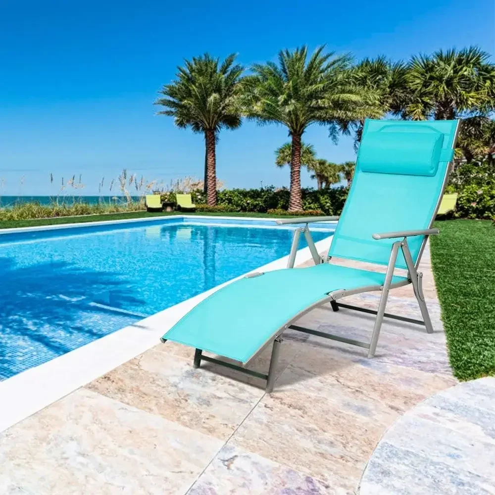 Lightweight Outdoor Reclining Chaise Lounge Chair with 7 Positions, Removable Cushion & Pillow, Ideal for Patio, Beach, Poolside