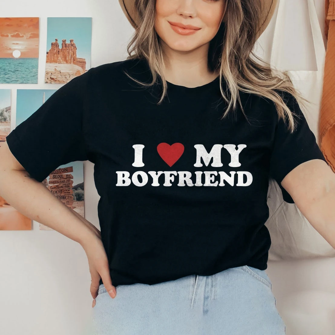 I Love My Boyfriend Women's Short Sleeve Tee Y2k Trendy Stylish Tshirt Comfort Colors Ladies Tops Cotton Shirt Couples Gift