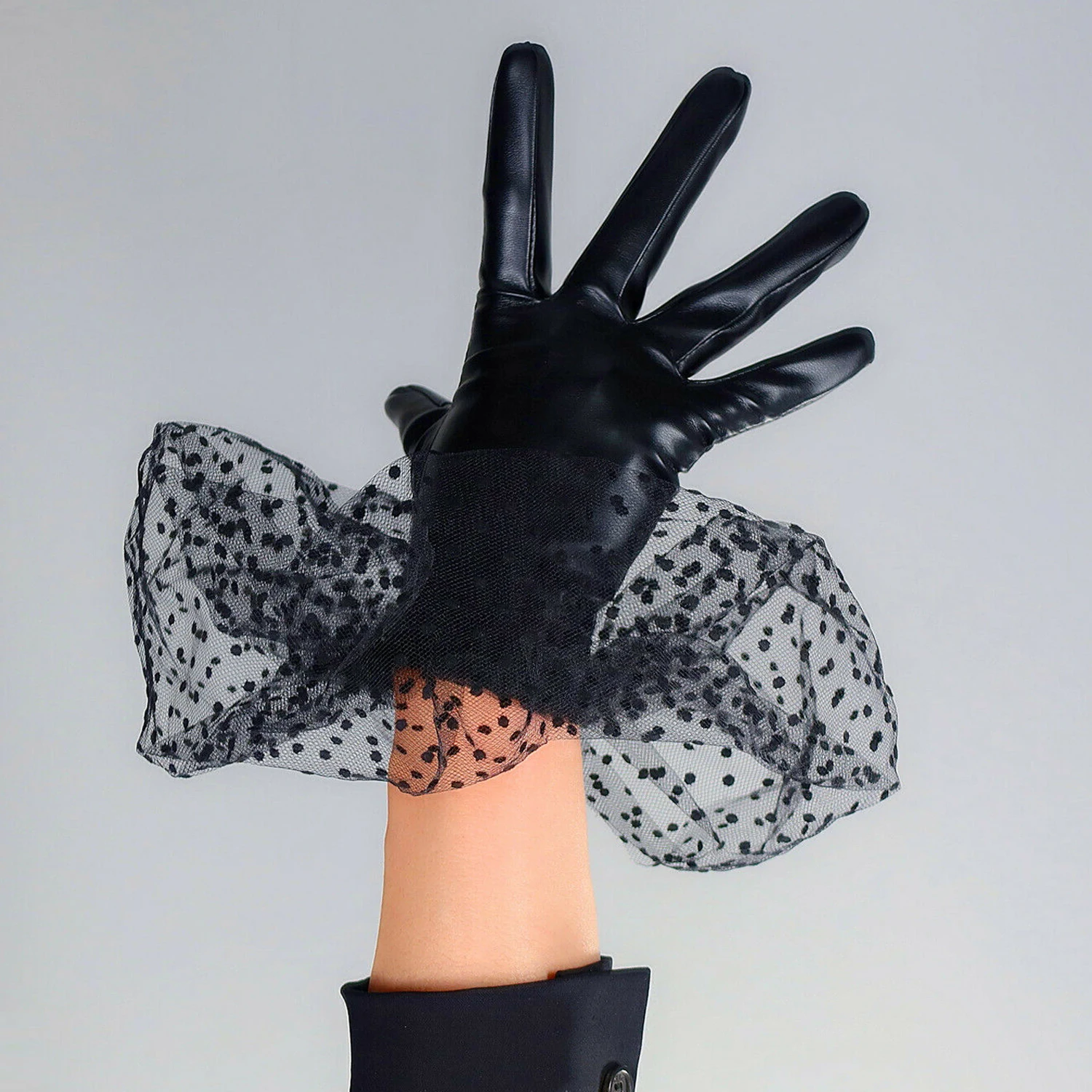 Black Lace Polka Dot GLOVES Faux Leather Short Wrist Mesh Ruffle 3D Trim Touchscreen TECH Evening Party Dancing Wedding Fashion