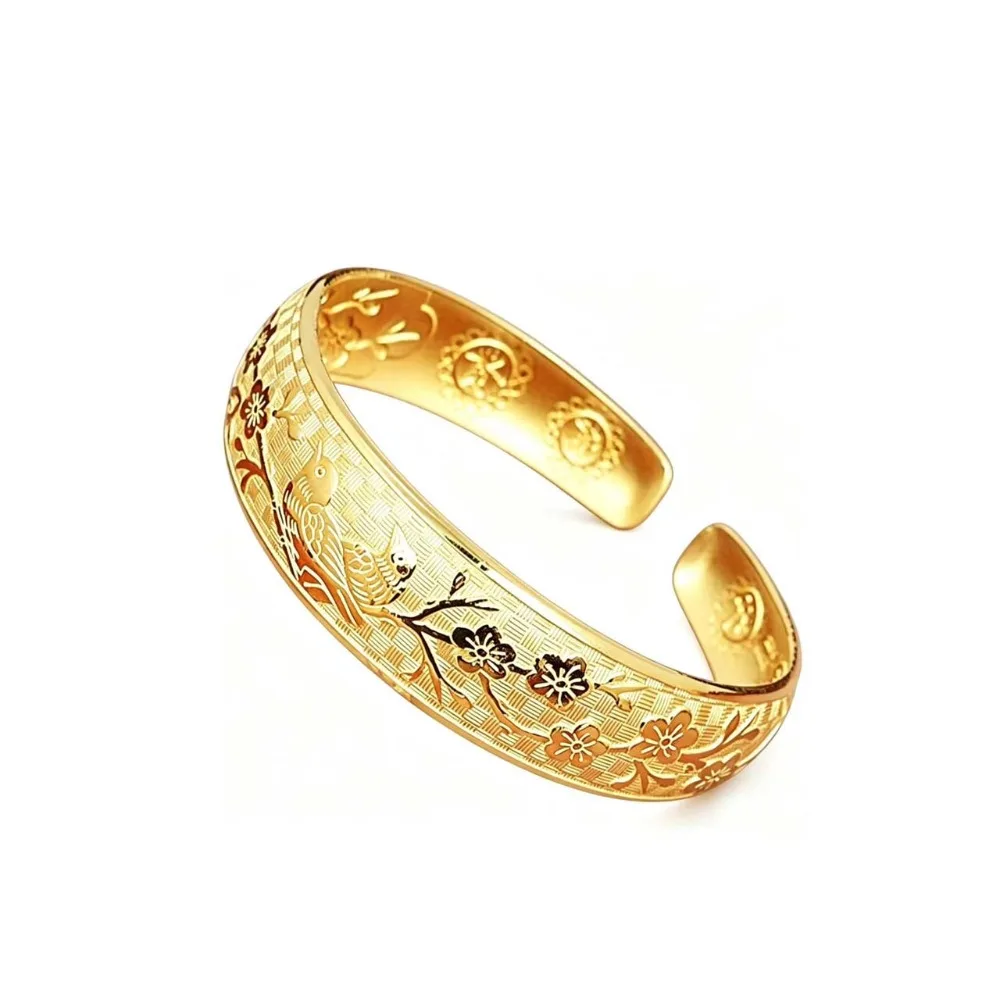 Engraved Plum Blossom Bracelet Matte Gold Traditional Magpie Cuff Bangle Smooth Edges Nickel Free Vintage Bird Wristlet Wedding