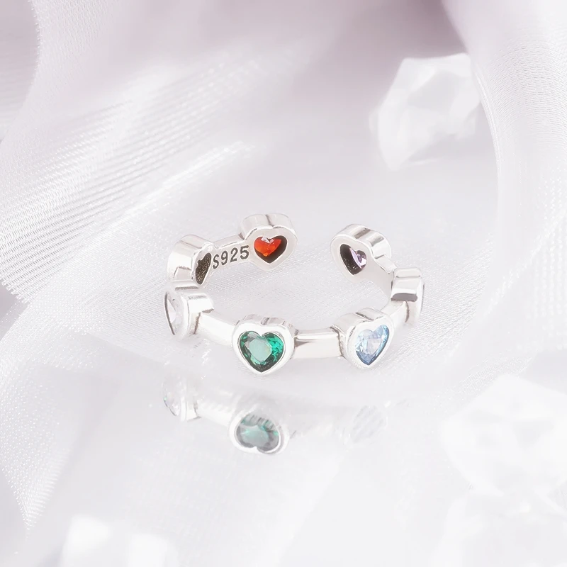 Sole Memory Crystal Heart Shiny 925 Sterling Silver Resizable Opening Ring For Women Luxury Jewelry RI1084