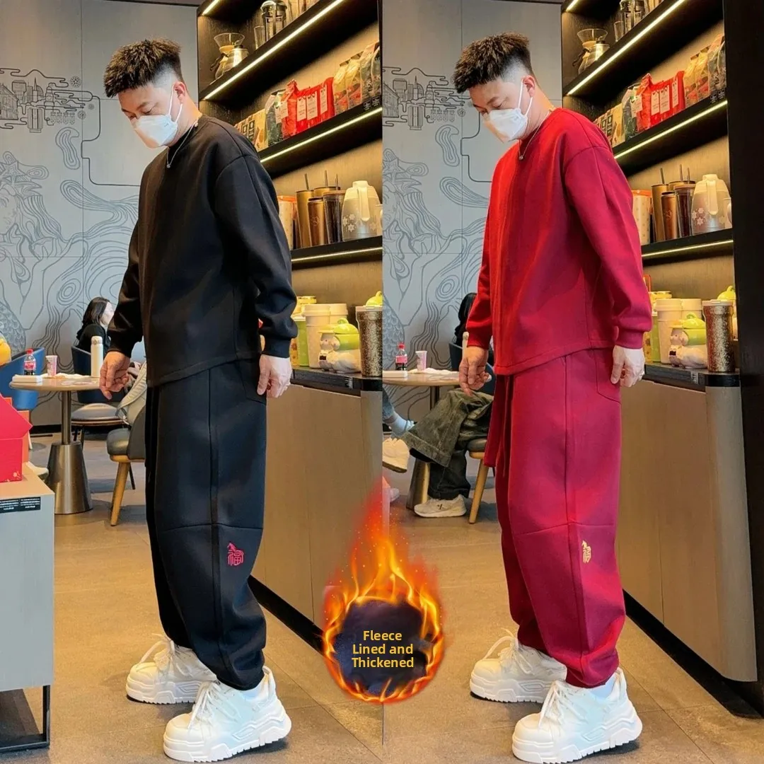 

Winter New Fce Lined Embroidered Casual Set Men Women Trendy Matched Hoodie Long Pants Two Piece Set Youth Cotton Blend Fa...