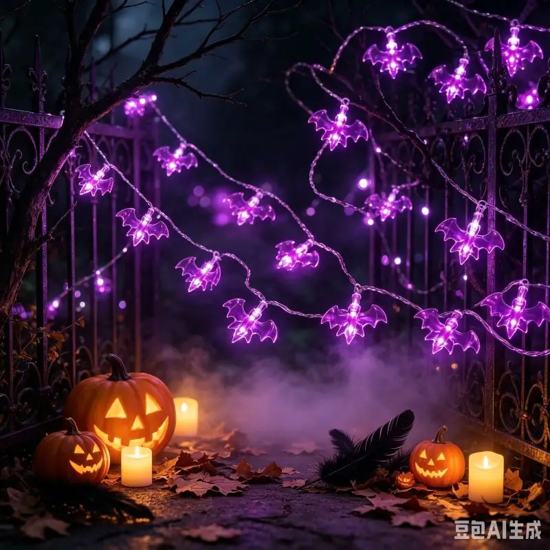 Purple Bat String Lights Halloween Decoration LED Fairy Light Garland for Bedroom Window Home Party Festival Decor