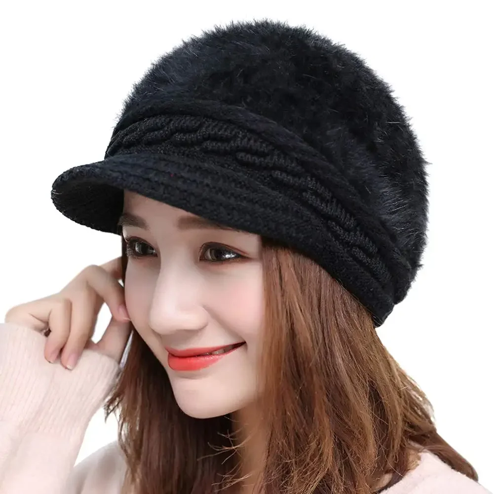 New Women Winter Beret Hats Thick Knitted Rabbit Fur Caps Wool Knitted Female Berets Warm Cap Skullies Cabbie Beanies Hats