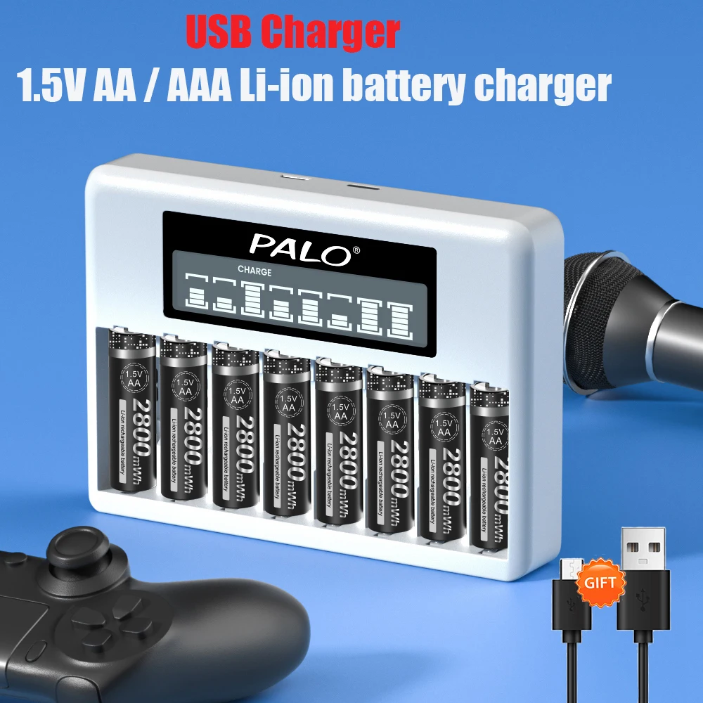 PALO 1.5 فولت АА ААА ذكي USB شاحن بطارية 8 فتحة LCD بطارية ليثيوم أيون شاحن بطارية ل 1.5 فولت 2А 3А بطاريات ليثيوم قابلة للشحن