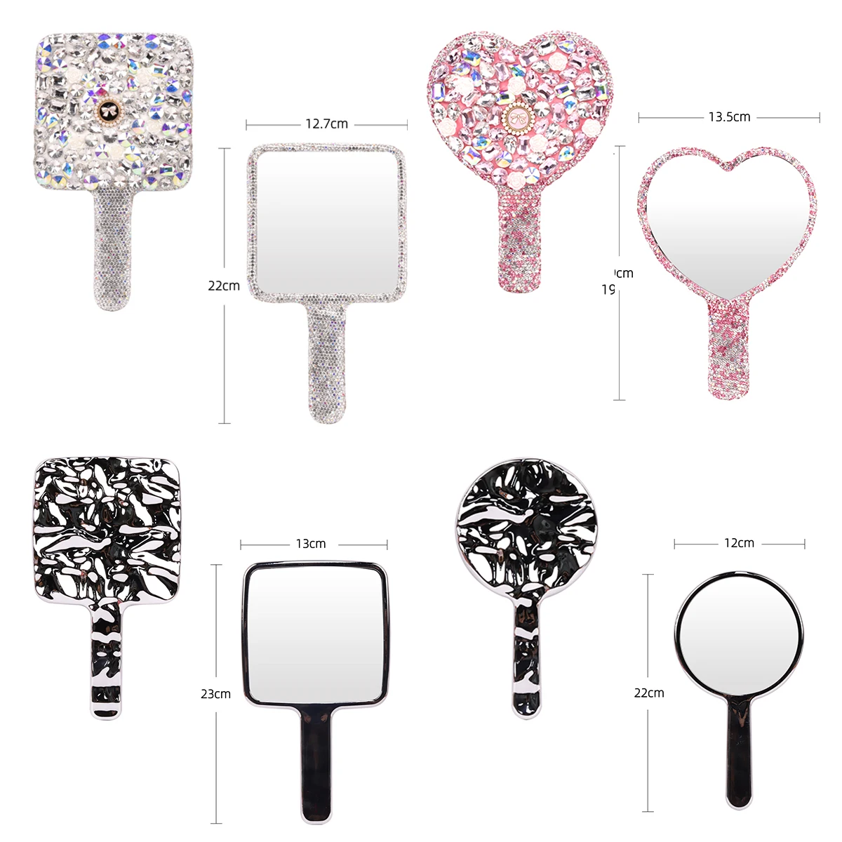 Led Smart Pearl Diamond Handle Makeup Mirror Cosmetic Beauty Tools Pink Silver Black Heart Glitter Mirror Cat Handheld Mirrors