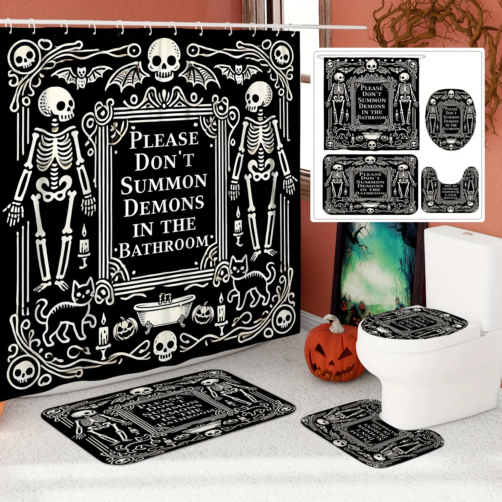 

Комплект осенних штор для ванной на Хэллоуин — черно-белый скелет, принт кота и летучей мыши, нескользящий коврик и U-образный коврик для крышки унитаза