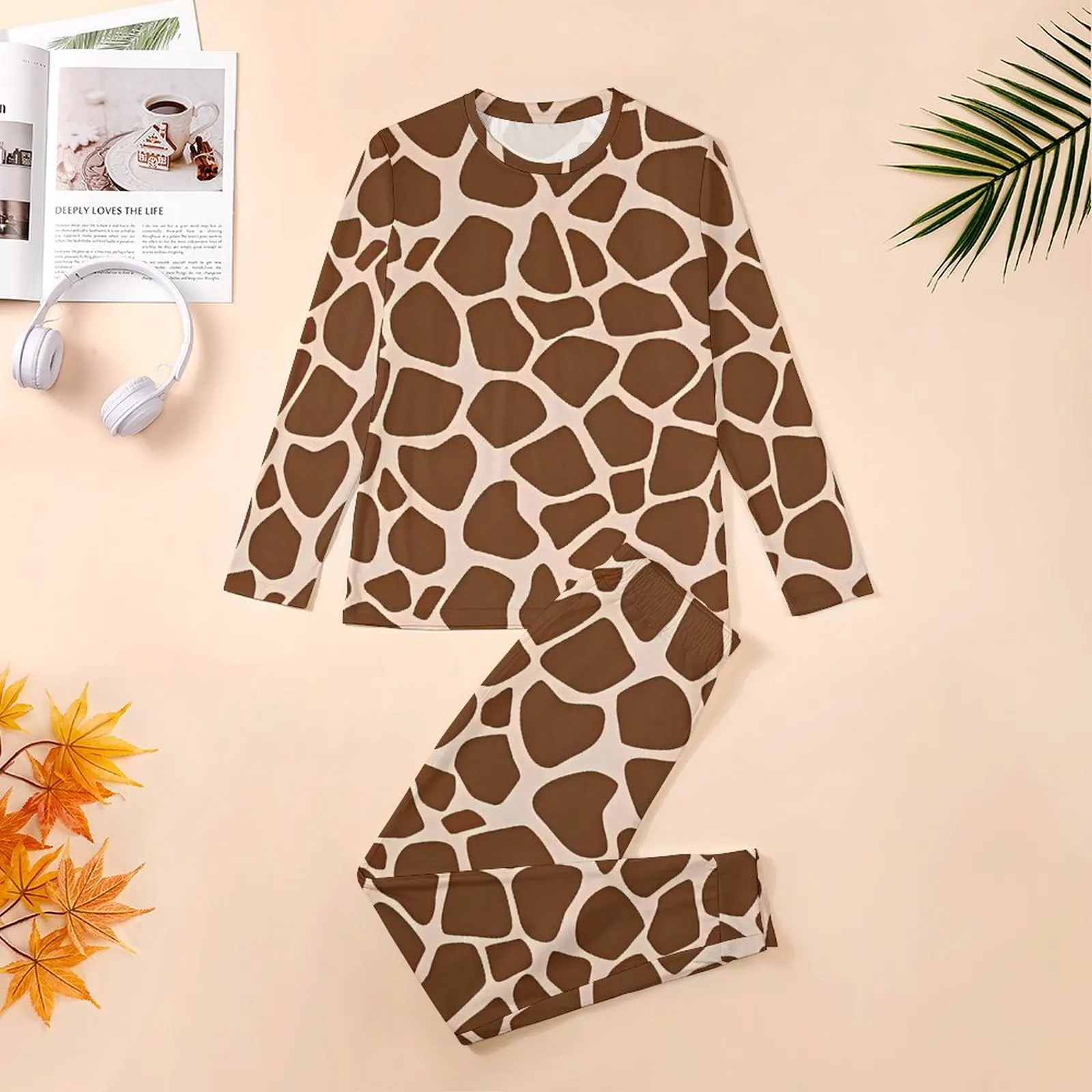 Pyjama imprimé girafe automne 2 pièces marron peau d'animal joli pyjama ensembles hommes à manches longues esthétique graphique vêtements de nuit grande taille