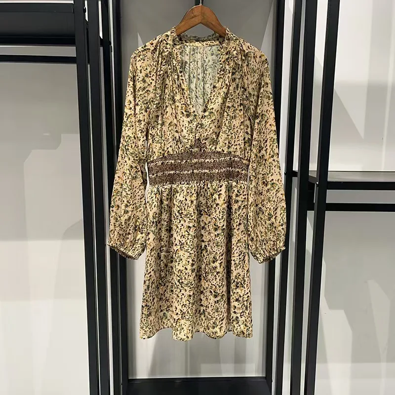 

Retro Tea Break Print Holiday Style High Waist V Neck Dress 2025 Summer New Style Modern Drape Slim Long Skirt
