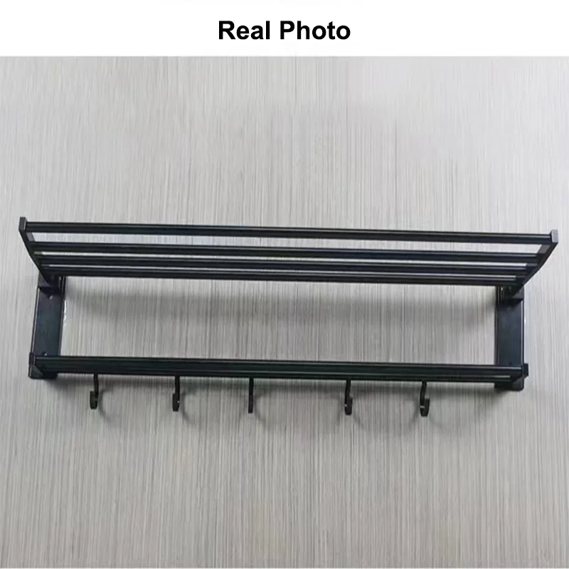 2-Layer Towel Rack Bathroom Wall Mounted Hanger Folding Bath Towel Storage Rail Holder with Movable Hook Black Shower Towel Rack