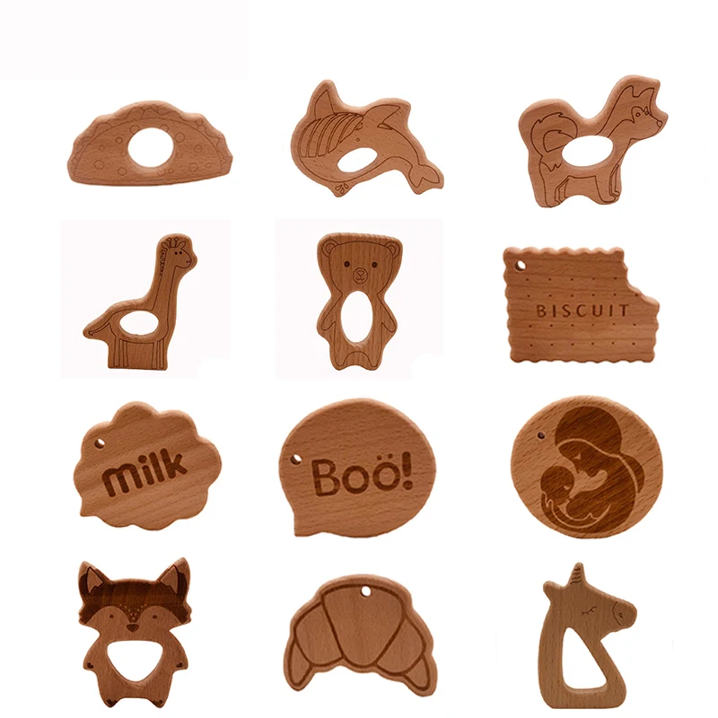 ABCPICK 10pcs Baby Wooden Teethers Food Grade Animal Natural Beech Wood Animal Shape Pacifier Newborn Toys Beads