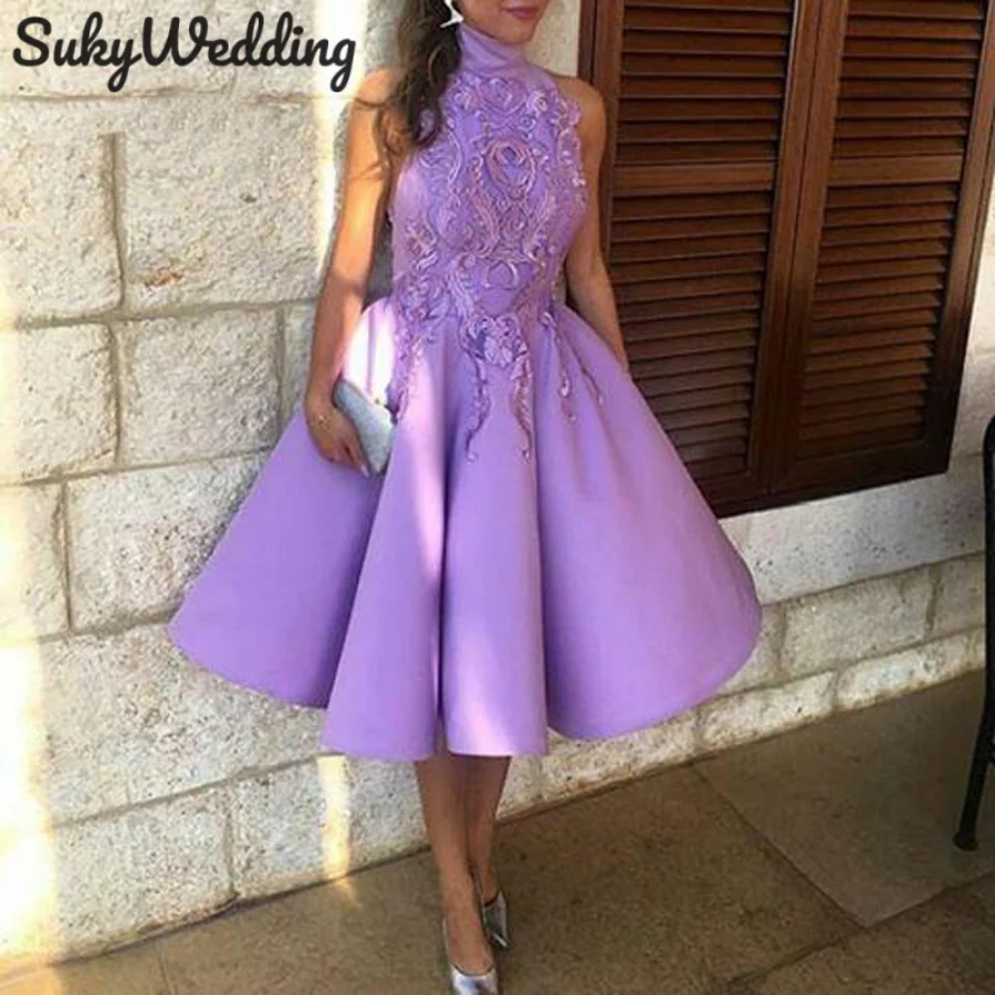 Light Purple Homecoming Dresses High Neck Sleeveless Lace Appliques Short Party Prom Gowns Tea-Length vestido Customized