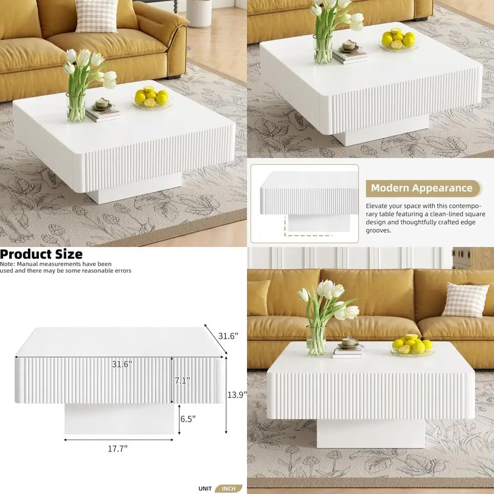 Modern Large Solid Wood Veneer Coffee Table with Storage, Accent Fluted Design for Living Room